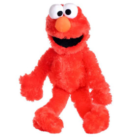 Rotes Elmo-Kuscheltier mit orangefarbener Nase und großen Augen, das lächelnd die Arme ausbreitet.