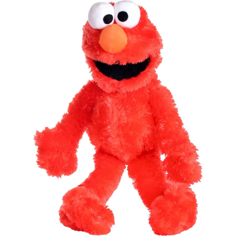 Rotes Elmo-Kuscheltier mit orangefarbener Nase und großen Augen, das lächelnd die Arme ausbreitet.