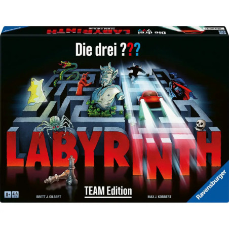 Boxcover von Labyrinth: Die drei ??? Team Edition mit Labyrinth, Monstern und Spielfiguren.
