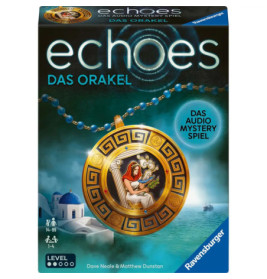 Spieleschachtel Echoes: Das Orakel mit goldenem Medaillon und blauen Kuppelbauten im Hintergrund.