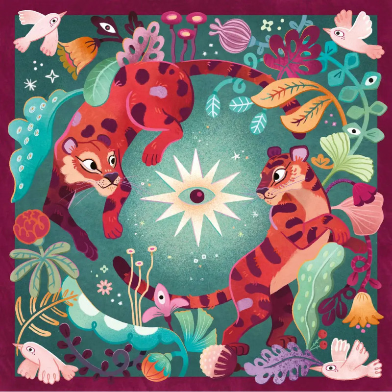 Zwei stilisierte Tiger umgeben von bunten Pflanzen und Blumen, kreisen um ein leuchtendes Auge in der Mitte.