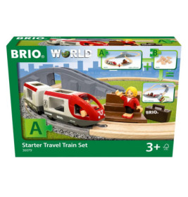 BRIO Starter Travel Zug-Set: Verpackung mit Spielzeugzug, Schienen und Figur, geeignet ab 3 Jahren.