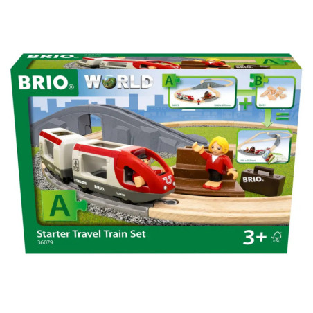 BRIO Starter Travel Zug-Set: Verpackung mit Spielzeugzug, Schienen und Figur, geeignet ab 3 Jahren.