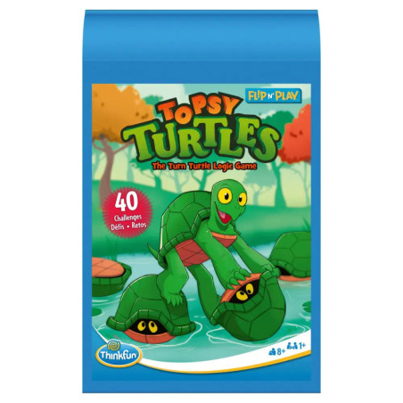 Bunte Spielschachtel von Topsy Turtles mit Cartoon-Schildkröten im Teich, geeignet ab 8 Jahren.