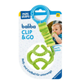 Grünes Silikon-Beißspielzeug mit Clip, verpackt auf dem Etikett ist ein Baby beim Kauen auf dem Spielzeug abgebildet.
