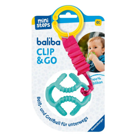 Baliba Clip & Go Beißspielzeug in Verpackung mit Foto eines Babys, das das Spielzeug benutzt.