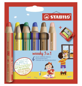 Buntstift, Wasserfarbe & Wachsmalkreide - STABILO woody 3 in 1 - 6er Pack mit Spitzer - mit 6 versch