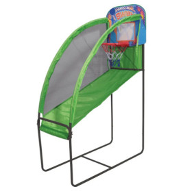 Indoor-Basketballautomat mit grün-schwarzem Rahmen, Netz und farbigem Korb sowie Rückwand.
