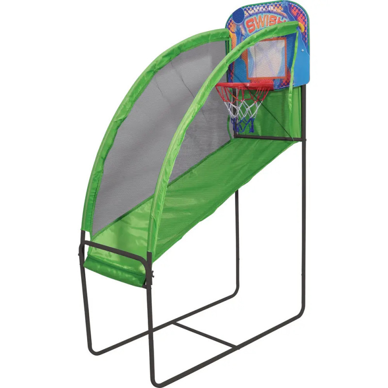 Indoor-Basketballautomat mit grün-schwarzem Rahmen, Netz und farbigem Korb sowie Rückwand.