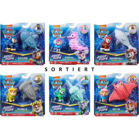 Sechs Paw Patrol Aqua Pups Spielsets, jeweils mit einer Hundefigur und passendem Meerestier-Fahrzeug. Sechs Paw Patrol Aqua Pups Spielsets, jeweils mit einer Hundefigur und passendem Meerestier-Fahrzeug.