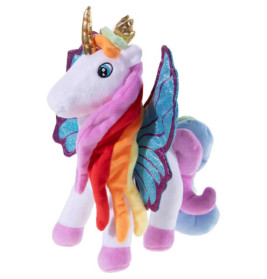 Plüsch-Einhorn mit Regenbogenmähne, goldenem Horn, glitzernden Flügeln und rosa Hufen vor weißem Hintergrund.