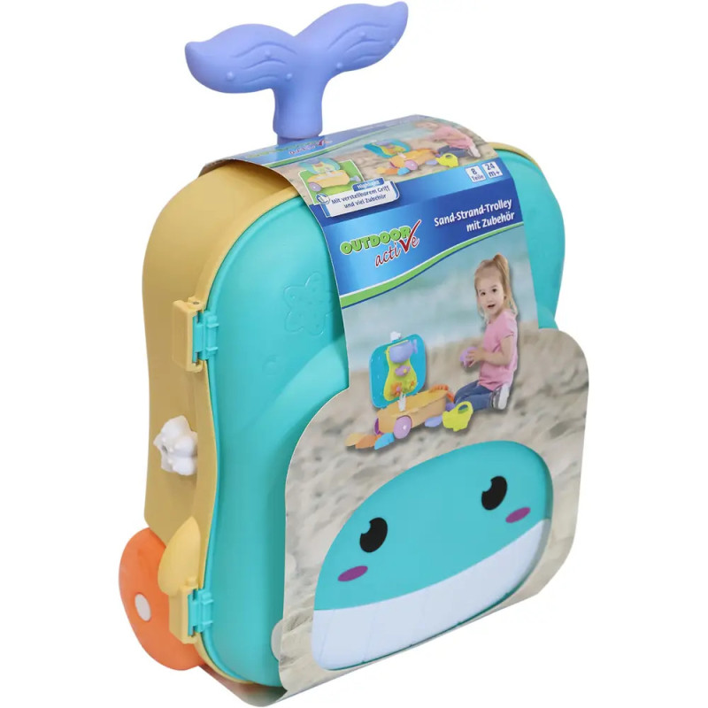 Kindersandspielzeug-Set in einer blaufischförmigen Tragetasche mit Griff in Form einer Walflosse. Kindersandspielzeug-Set in einer blaufischförmigen Tragetasche mit Griff in Form einer Walflosse.