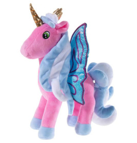 Rosa-blaues Plüscheinhorn mit Flügeln, goldenem Horn und glitzernden blauen Details an den Flügeln.