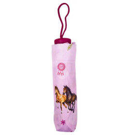 Rosa Schutzhülle mit Griff, verziert mit zwei galoppierenden Pferden und einem Schleifenmuster.