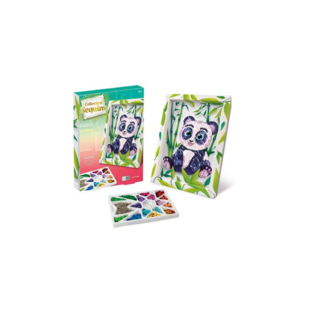 Bastelset mit Pailletten-Panda, Schachtel und Tablett mit bunten Pailletten auf weißem Hintergrund.