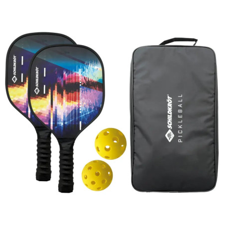 Zwei bunte Pickleball-Schläger, zwei gelbe Bälle und eine schwarze SCHILDKROT-Tragetasche.