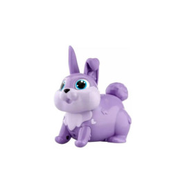 Lila Stoffhase mit großen blauen Augen und flauschigem Schwanz, Blick leicht nach rechts gerichtet.