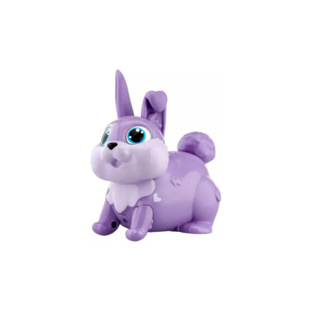 Lila Stoffhase mit großen blauen Augen und flauschigem Schwanz, Blick leicht nach rechts gerichtet.