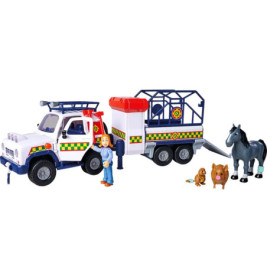 Spielzeug-Tierrettungswagen mit Anhänger, dazu weibliche Figur, Hund, Katze und Pferd daneben angeordnet.