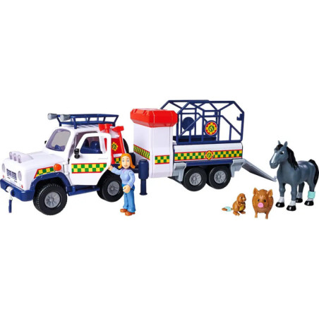 Spielzeug-Tierrettungswagen mit Anhänger, dazu weibliche Figur, Hund, Katze und Pferd daneben angeordnet.