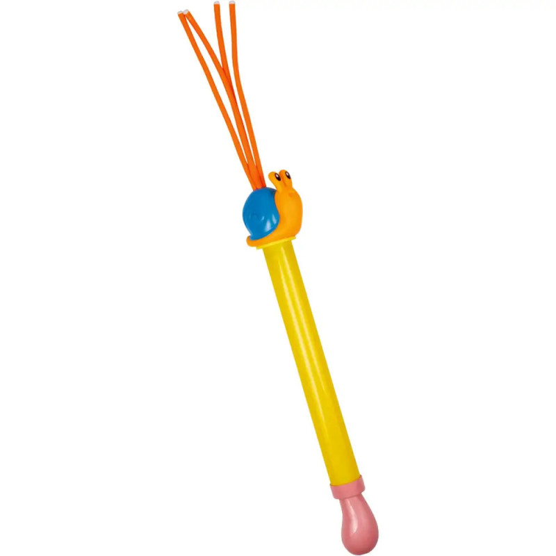 Gelbe Katzenspielangel mit Schnecken-Deko, orangefarbenen Bändern und pinkem Griff auf weißem Hintergrund.