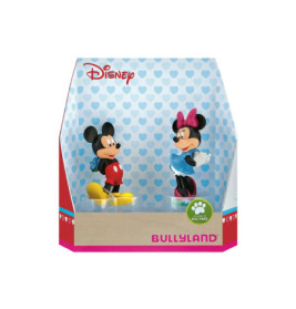 Micky- und Minnie-Maus-Figuren in einer Bullyland-Disney-Box vor blauem Herzmuster-Hintergrund.