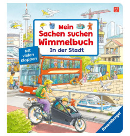 Buntes Kinderbuchcover mit Stadtmotiv: Menschen, Fahrzeuge und Gebäude in lebendiger Szene.