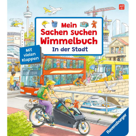 Buntes Kinderbuchcover mit Stadtmotiv: Menschen, Fahrzeuge und Gebäude in lebendiger Szene.