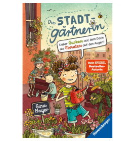 Illustration: Mädchen gärtnern auf einem Stadtbalkon voller Pflanzen und Gemüse, Cover von Die Stadtgärtnerin.