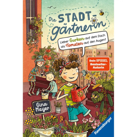 Illustration: Mädchen gärtnern auf einem Stadtbalkon voller Pflanzen und Gemüse, Cover von Die Stadtgärtnerin.