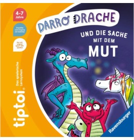 Drei Drachen und ein Einhorn stehen auf einem bunten Kinderbuchcover für 4- bis 7-Jährige zusammen.