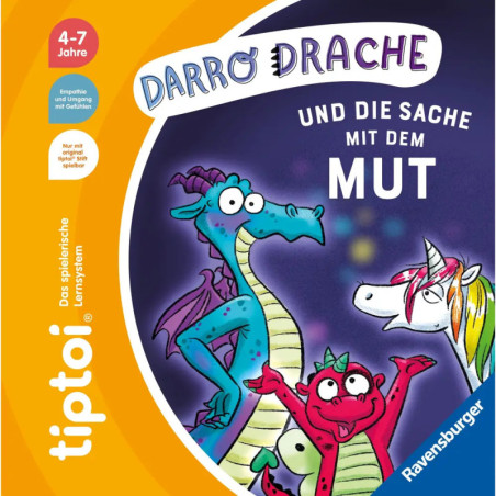 Drei Drachen und ein Einhorn stehen auf einem bunten Kinderbuchcover für 4- bis 7-Jährige zusammen. Drei Drachen und ein Einhorn stehen auf einem bunten Kinderbuchcover für 4- bis 7-Jährige zusammen.