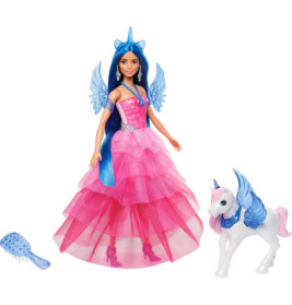 Barbie in rosa Kleid mit Flügeln und Einhorn-Horn, blaue Bürste und kleine geflügelte Einhornfigur.