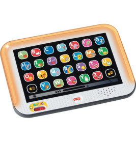 Lernspielzeug-Tablet mit Buchstaben-Tasten, bunten Symbolen und weiß-orangefarbenem Rand.
