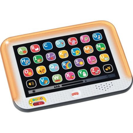 Lernspielzeug-Tablet mit Buchstaben-Tasten, bunten Symbolen und weiß-orangefarbenem Rand.