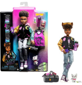 Monster High Clawd Wolf Puppe mit Tasche, Flasche, Haustier, Outfit und Zubehör neben ihrer Verpackung.