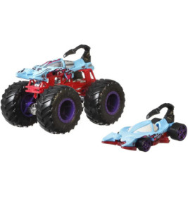 Zwei blau-rote Spielzeugautos: ein großer Monstertruck und ein kleines Rennauto.
