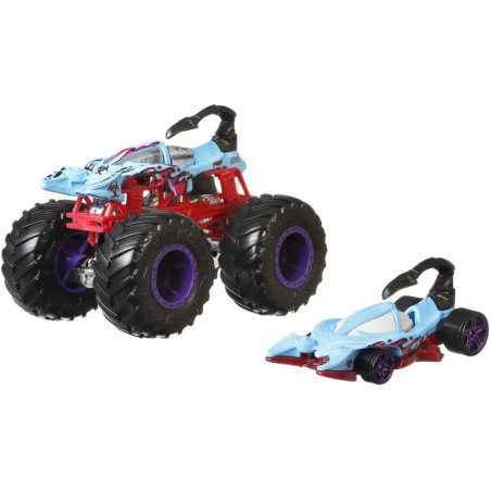 Zwei blau-rote Spielzeugautos: ein großer Monstertruck und ein kleines Rennauto.