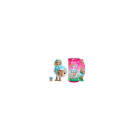 Barbie Cutie Reveal Puppe mit blauen Haaren, Tierkostüm, kleinem Spielzeug und bunter Verpackung.