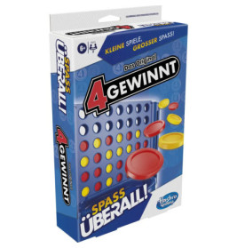 Box von 4 Gewinnt, deutsche Ausgabe von Connect Four, mit Spielbrett und roten sowie gelben Spielsteinen.