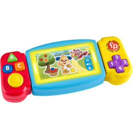 Buntes Spielzeug-Gamepad mit Tasten, Bildschirm und Bildern von Welpe, Apfelbaum und Katze.