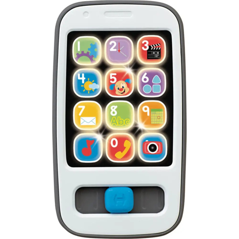 Spielzeug-Smartphone mit bunten, leuchtenden Tasten für Zahlen, Formen und Symbole auf schwarzem Bildschirm. Spielzeug-Smartphone mit bunten, leuchtenden Tasten für Zahlen, Formen und Symbole auf schwarzem Bildschirm.