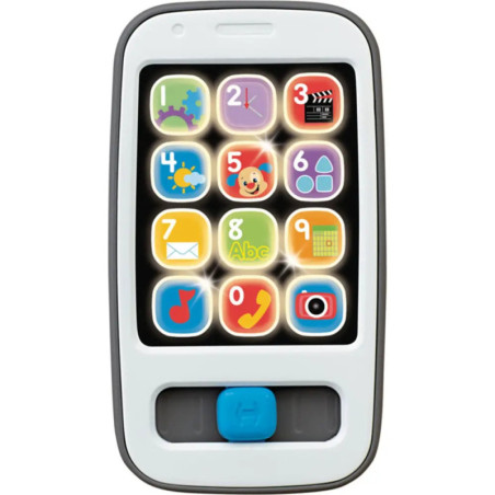 Spielzeug-Smartphone mit bunten, leuchtenden Tasten für Zahlen, Formen und Symbole auf schwarzem Bildschirm.