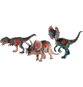 Drei Dinosaurier-Spielzeuge (T. rex, Triceratops, Dilophosaurus) mit roten Markierungen auf dem Körper.