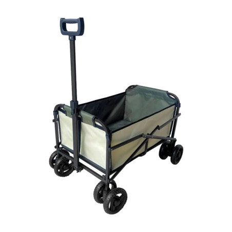 Klappbarer Transportwagen mit schwarzem Gestell, beigen Stoffseiten, Griff und vier Doppelrädern.