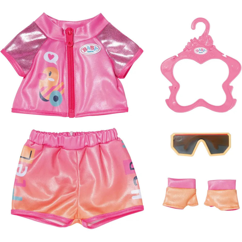 Puppen-Outfit in Pink und Orange mit Jacke, Shorts, Sonnenbrille, Armbändern und Schmetterlings-Bügel. Puppen-Outfit in Pink und Orange mit Jacke, Shorts, Sonnenbrille, Armbändern und Schmetterlings-Bügel.