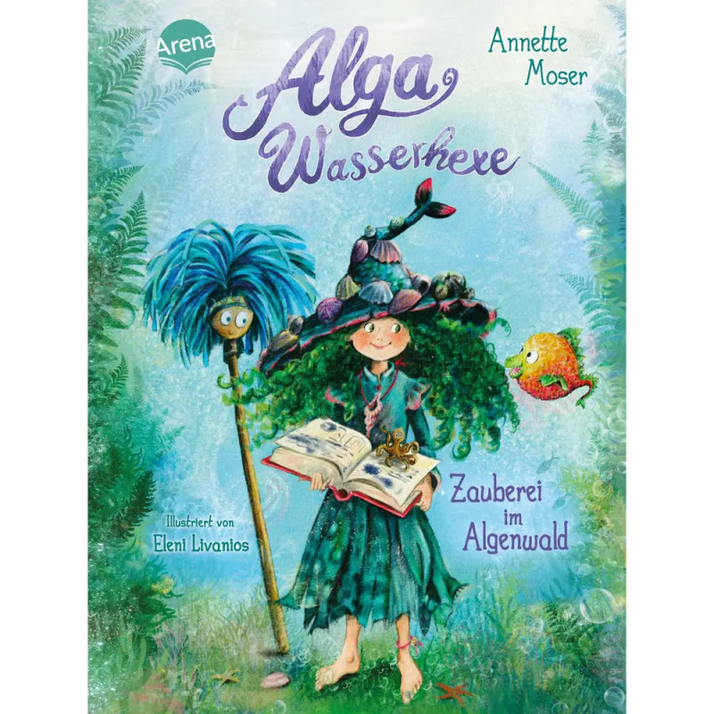 Eine Hexe mit grünen Haaren steht im Zauberwald, hält ein Buch, daneben Fisch- und Pflanzenwesen. Eine Hexe mit grünen Haaren steht im Zauberwald, hält ein Buch, daneben Fisch- und Pflanzenwesen.
