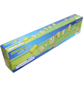Blaue rechteckige Box mit Abbildungen eines Holz-Minigolfsets und Outdoor active-Logo auf der Verpackung.