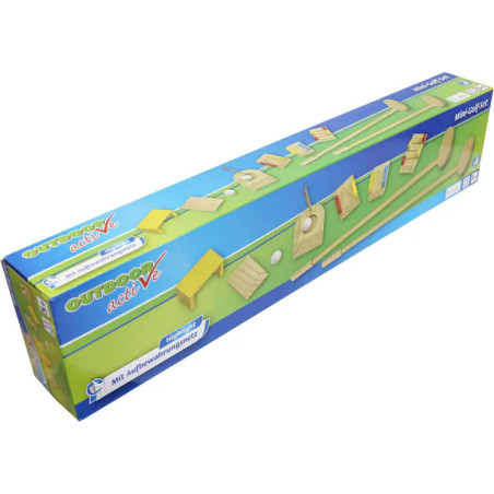 Blaue rechteckige Box mit Abbildungen eines Holz-Minigolfsets und Outdoor active-Logo auf der Verpackung.