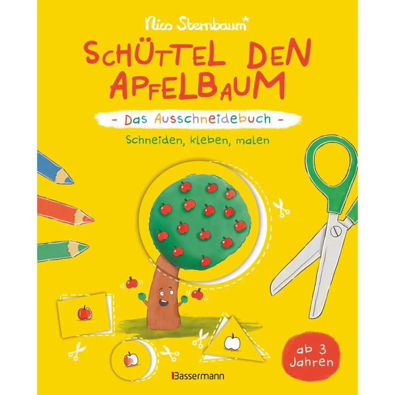 Buntes deutsches Kinderbuchcover mit Apfelbaum, Schere und Bastelmotiven vor gelbem Hintergrund.